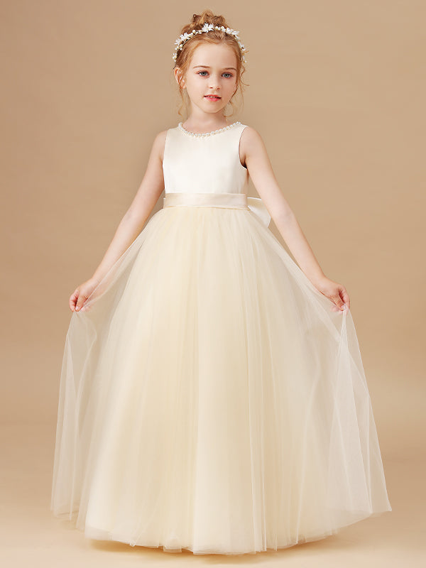 A-line Scoop Bow Floor-Length Tulle Junior Bridesmaid Dress