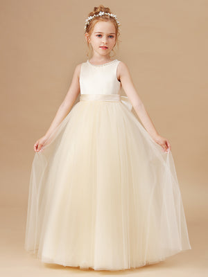 A-line Scoop Bow Floor-Length Tulle Junior Bridesmaid Dress