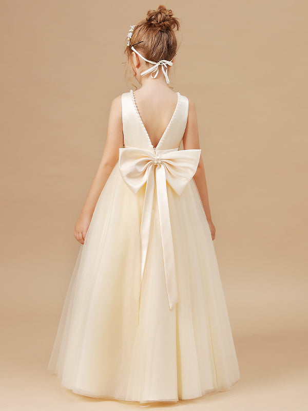 A-line Scoop Bow Floor-Length Tulle Junior Bridesmaid Dress