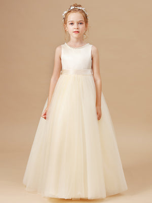 A-line Scoop Bow Floor-Length Tulle Junior Bridesmaid Dress