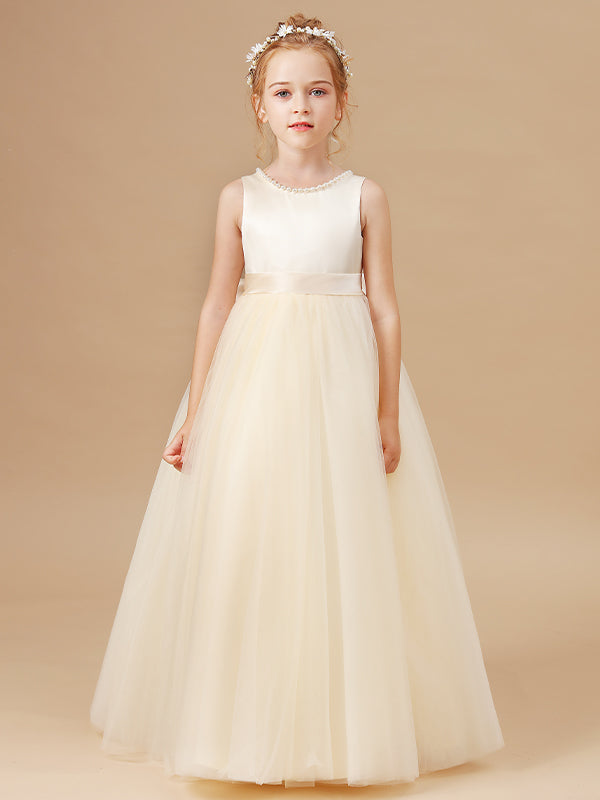 A-line Scoop Bow Floor-Length Tulle Junior Bridesmaid Dress