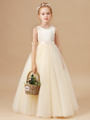A-line Scoop Bow Floor-Length Tulle Junior Bridesmaid Dress