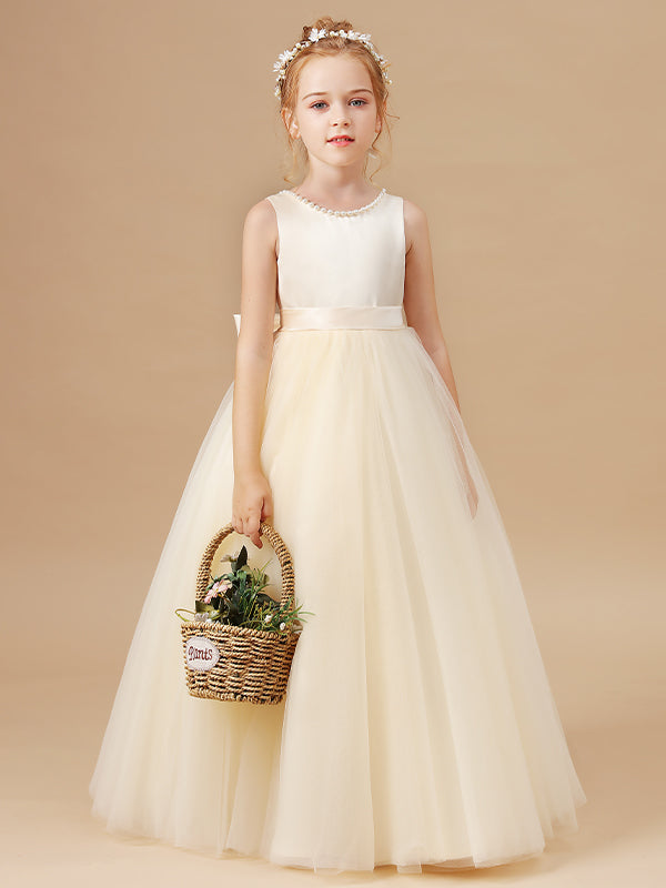 A-line Scoop Bow Floor-Length Tulle Junior Bridesmaid Dress
