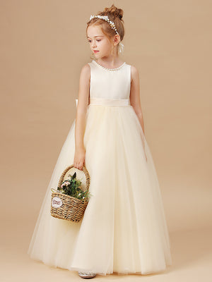 A-line Scoop Bow Floor-Length Tulle Junior Bridesmaid Dress
