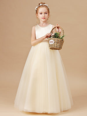 A-line Scoop Bow Floor-Length Tulle Junior Bridesmaid Dress