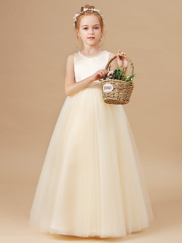 A-line Scoop Bow Floor-Length Tulle Junior Bridesmaid Dress