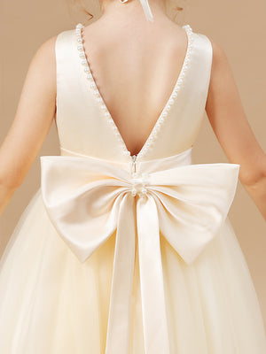 A-line Scoop Bow Floor-Length Tulle Junior Bridesmaid Dress