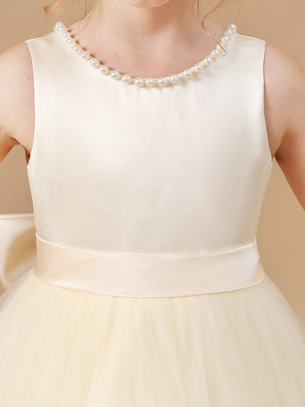 A-line Scoop Bow Floor-Length Tulle Junior Bridesmaid Dress