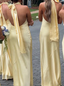 Sheath/Column Halter Pleated Floor-Length Silk Like Satin Bridesmaid Dresses