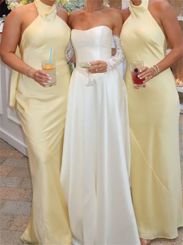 Sheath/Column Halter Pleated Floor-Length Silk Like Satin Bridesmaid Dresses
