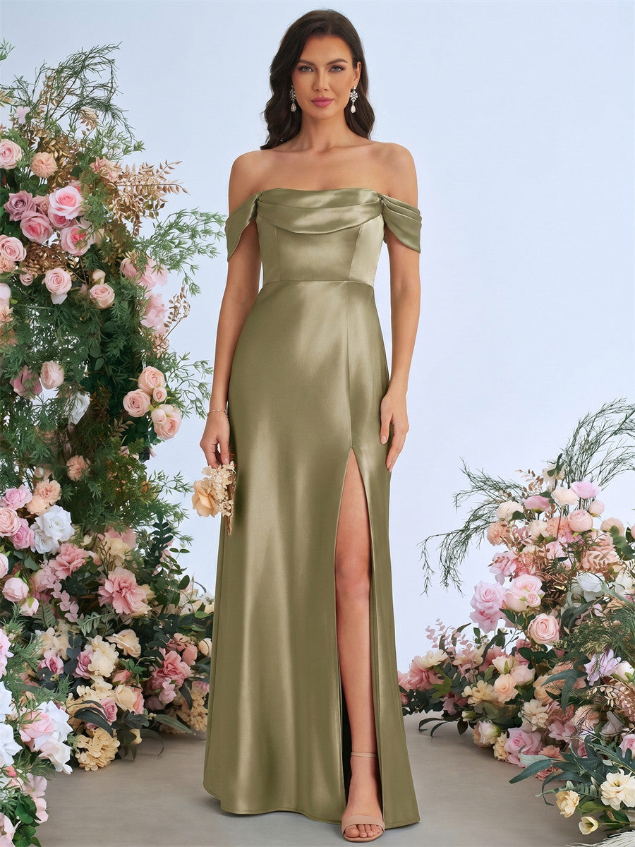 Sheath/Column Off-the-Shoulder Pleated Floor-Length Silk Like Satin Bridesmaid Dresses