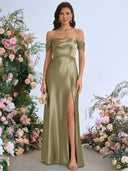 Sheath/Column Off-the-Shoulder Pleated Floor-Length Silk Like Satin Bridesmaid Dresses
