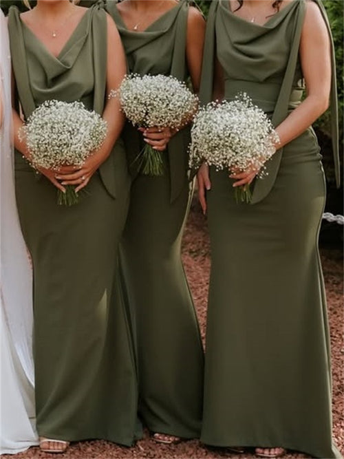 Sheath/Column Scoop Pleated Floor-Length Silk Like Satin Bridesmaid Dresses