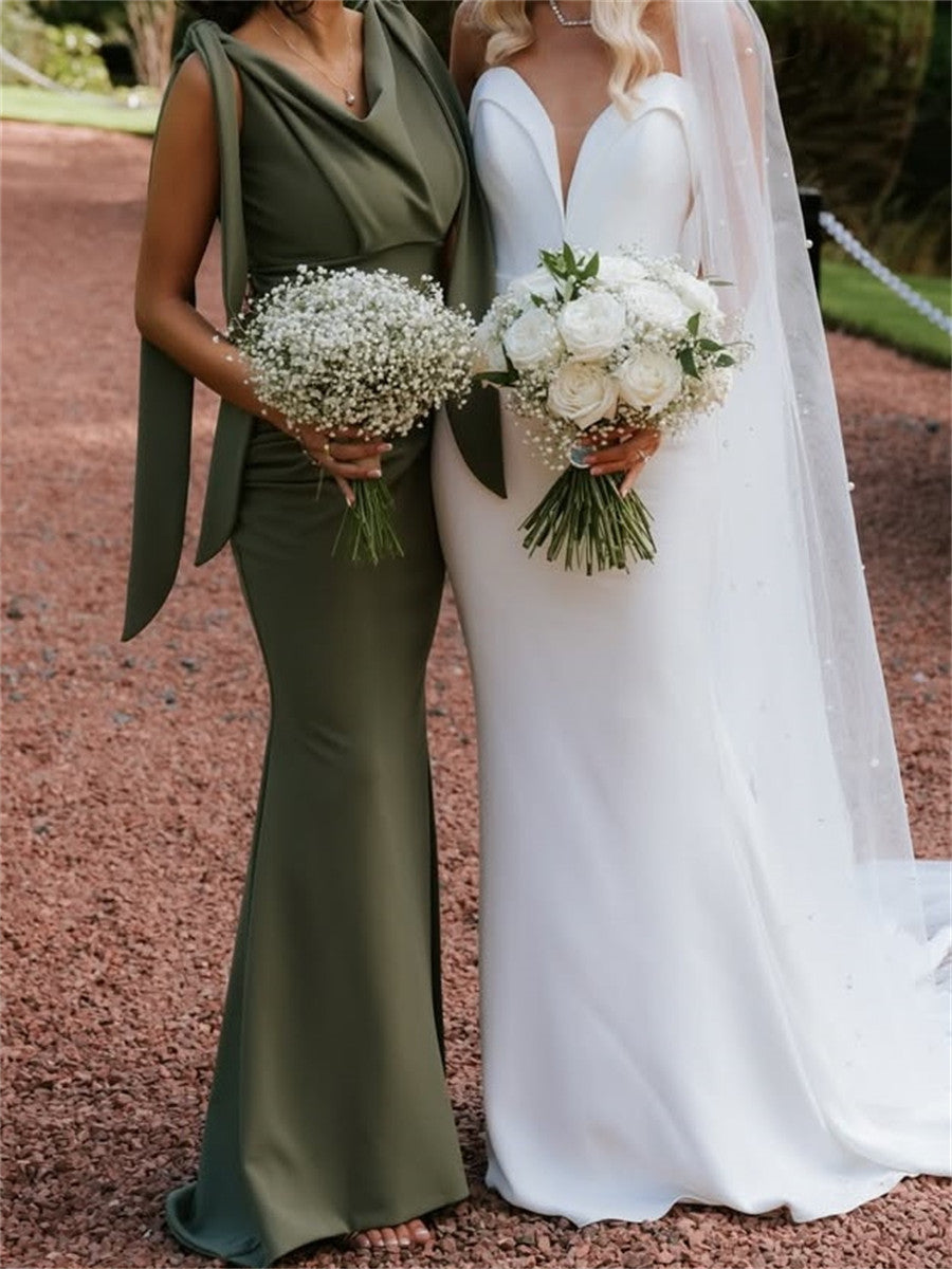Sheath/Column Scoop Pleated Floor-Length Silk Like Satin Bridesmaid Dresses