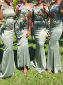 Sheath/Column Off-the-Shoulder Pleated Floor-Length Silk Like Satin Bridesmaid Dresses