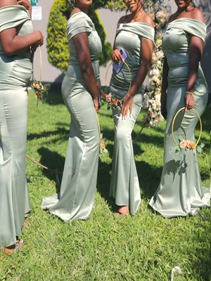 Sheath/Column Off-the-Shoulder Pleated Floor-Length Silk Like Satin Bridesmaid Dresses