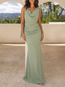 Sheath/Column V-neck Pleated Floor-Length Stretch Crepe Bridesmaid Dresses