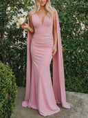 Sheath/Column V-neck Pleated Floor-Length Stretch Crepe Bridesmaid Dresses