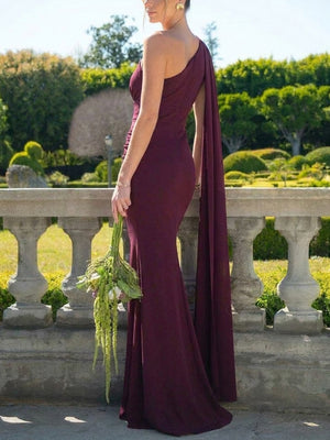Sheath/Column One-Shoulder Pleated Floor-Length Stretch Crepe Bridesmaid Dresses