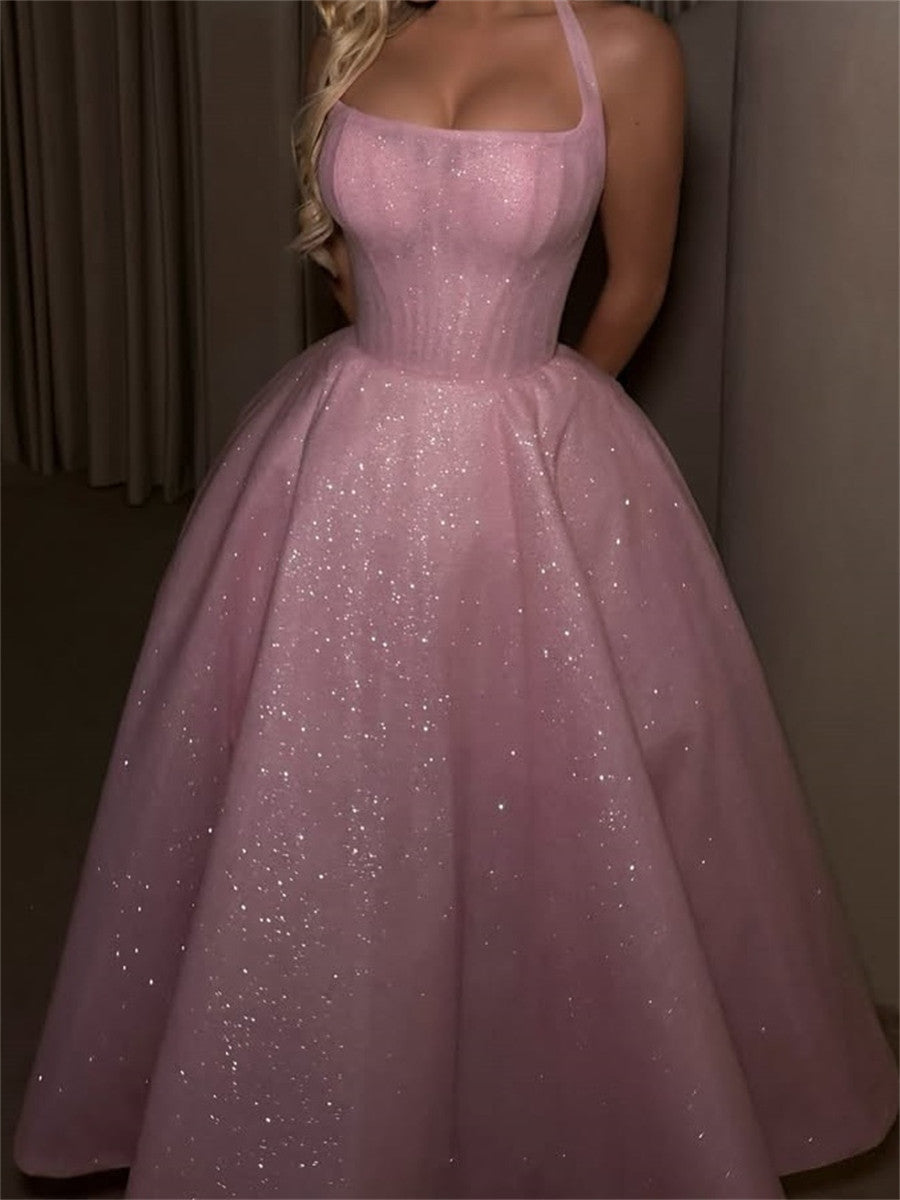 A-line/Princess Halter Sequin Tea-Length Homecoming Dresses