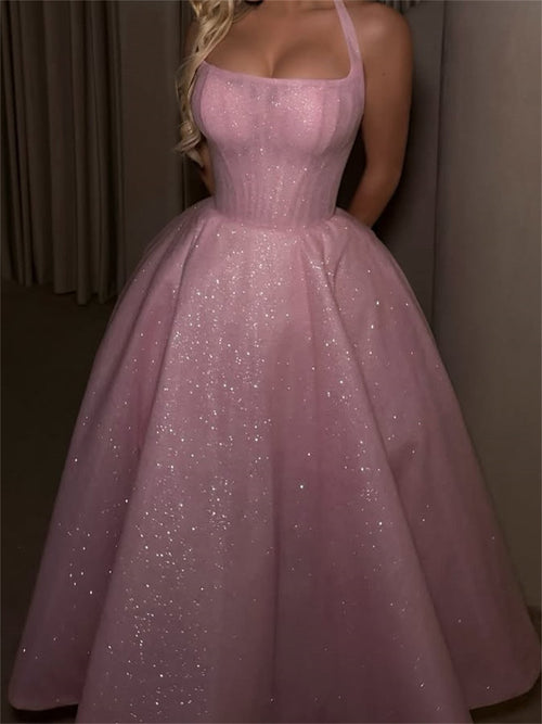 A-line/Princess Halter Sequin Tea-Length Homecoming Dresses
