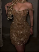 Sheath/Column Off-the-Shoulder Sequin Short/Mini Lace Homecoming Dresses