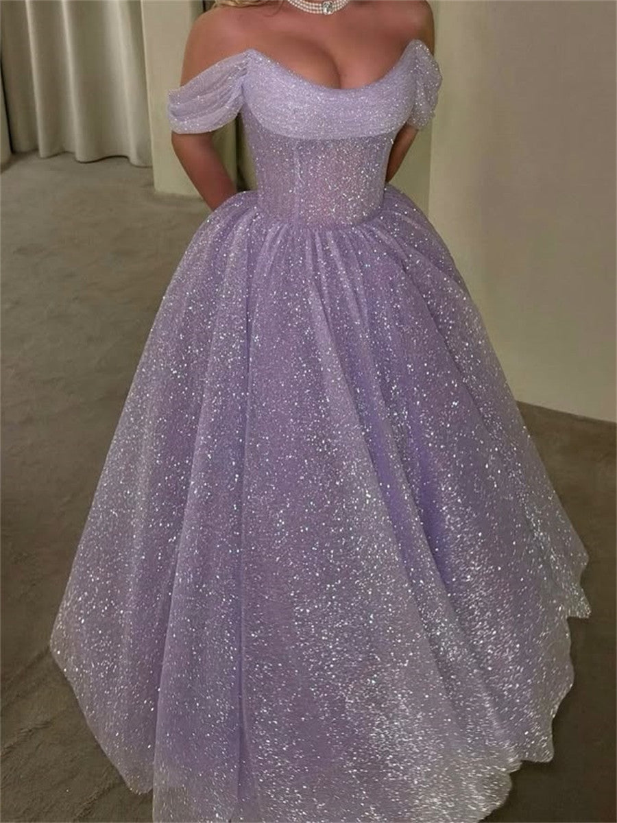 A-line/Princess Off-the-Shoulder Sequin Floor-Length Homecoming Dresses