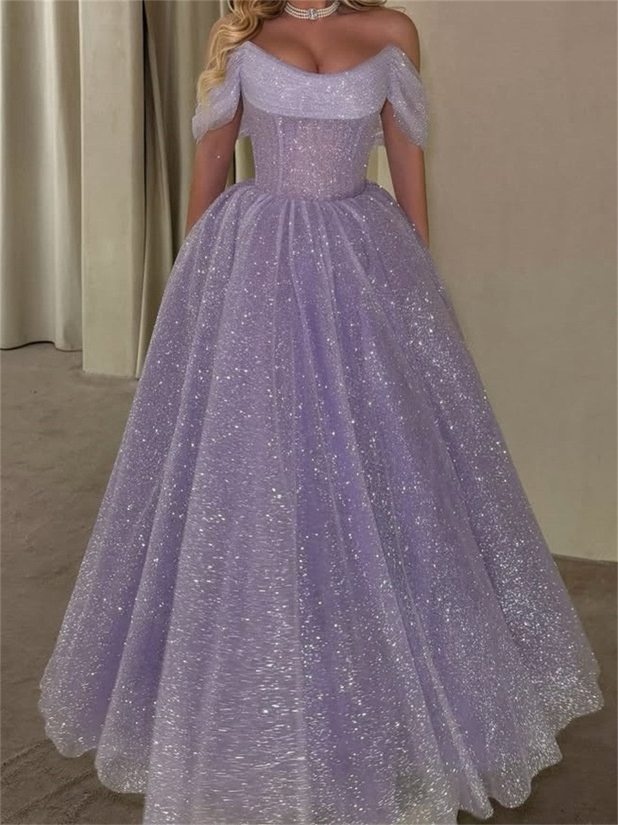 A-line/Princess Off-the-Shoulder Sequin Floor-Length Homecoming Dresses
