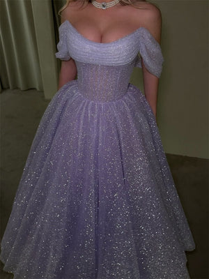 A-line/Princess Off-the-Shoulder Sequin Floor-Length Homecoming Dresses