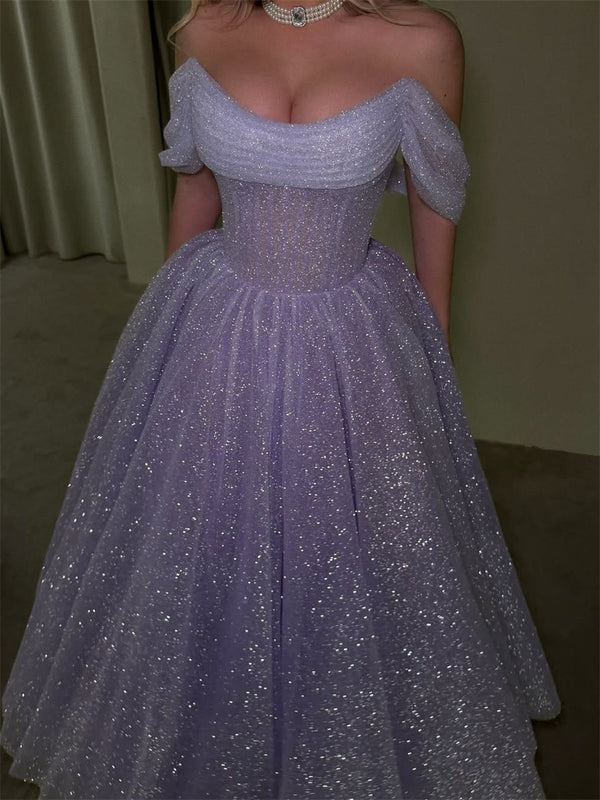 A-line/Princess Off-the-Shoulder Sequin Floor-Length Homecoming Dresses
