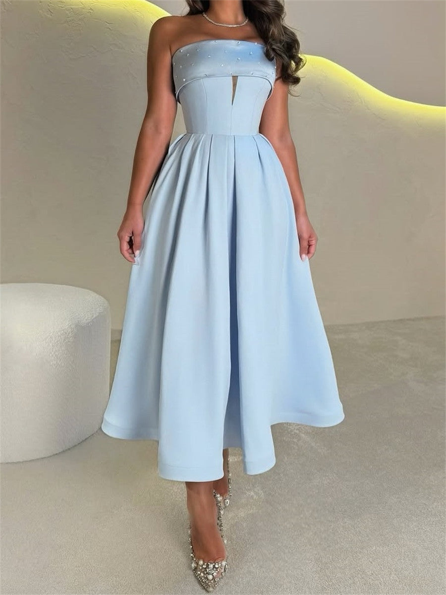 A-line/Princess Straight Rhinestone Tea-Length Stretch Crepe Homecoming Dresses