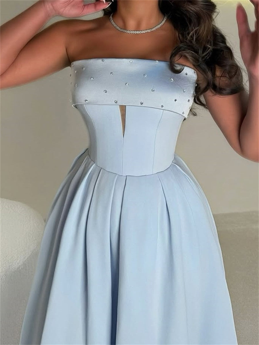 A-line/Princess Straight Rhinestone Tea-Length Stretch Crepe Homecoming Dresses