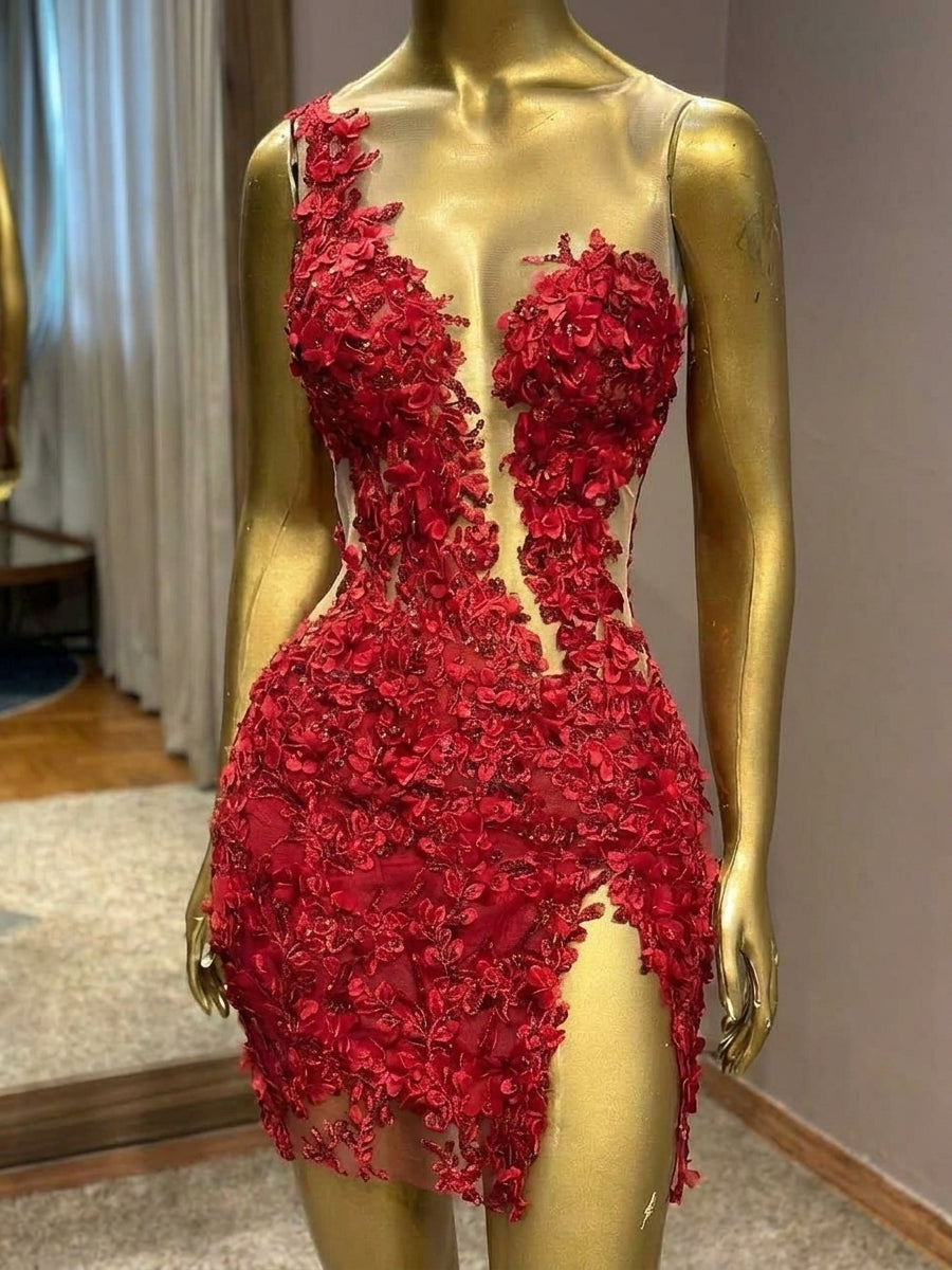 Sheath/Column One-Shoulder Appliques Lace Short/Mini Lace Homecoming Dresses