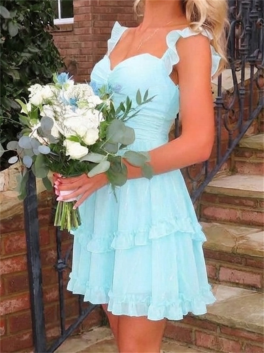 A-line/Princess Straps Cascading Ruffles Short/Mini Chiffon Homecoming Dresses