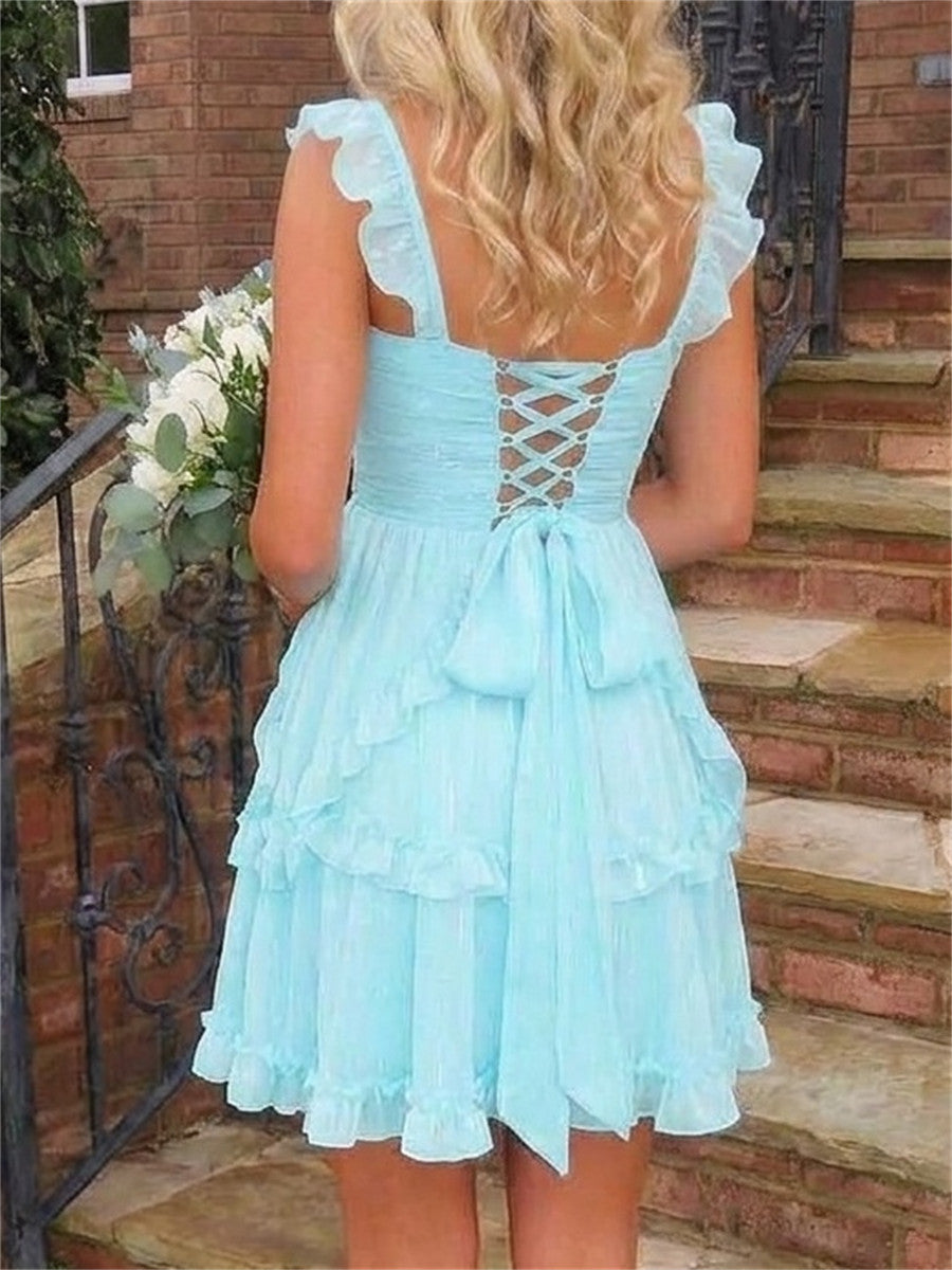 A-line/Princess Straps Cascading Ruffles Short/Mini Chiffon Homecoming Dresses