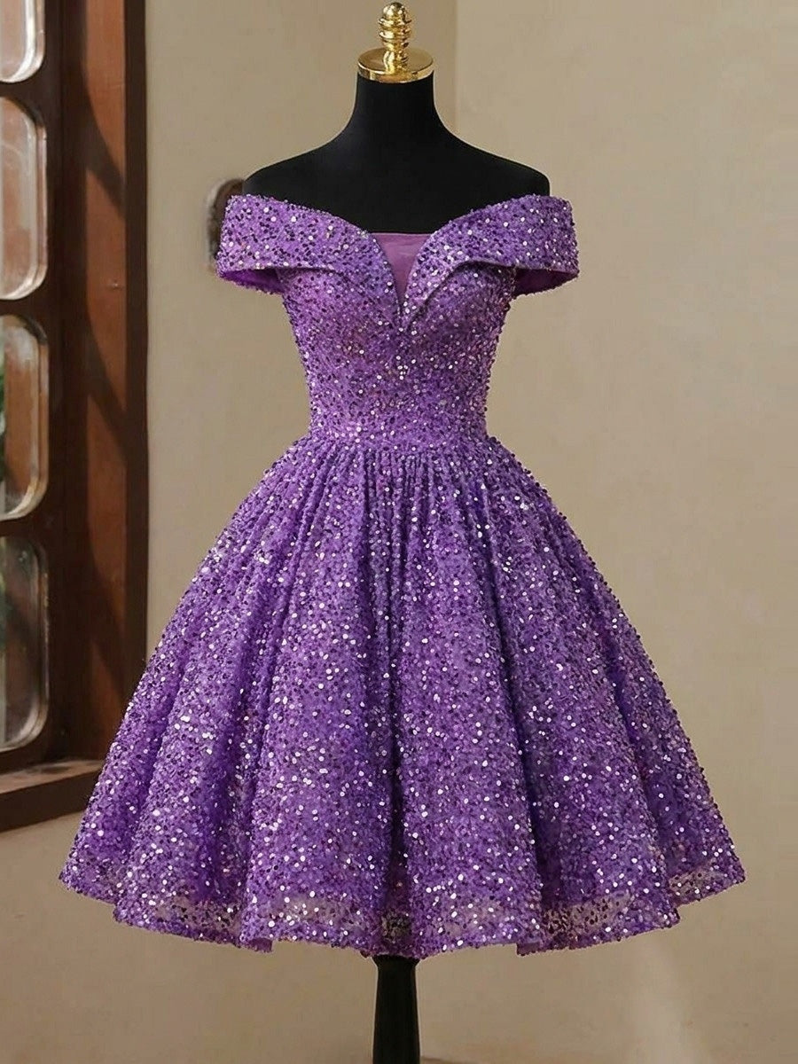 A-line/Princess Off-the-Shoulder Sequin Knee-Length Velvet Sequins Homecoming Dresses