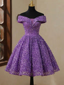 A-line/Princess Off-the-Shoulder Sequin Knee-Length Velvet Sequins Homecoming Dresses