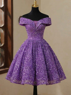 A-line/Princess Off-the-Shoulder Sequin Knee-Length Velvet Sequins Homecoming Dresses