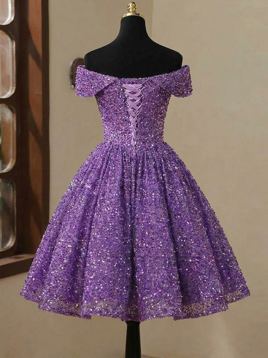 A-line/Princess Off-the-Shoulder Sequin Knee-Length Velvet Sequins Homecoming Dresses