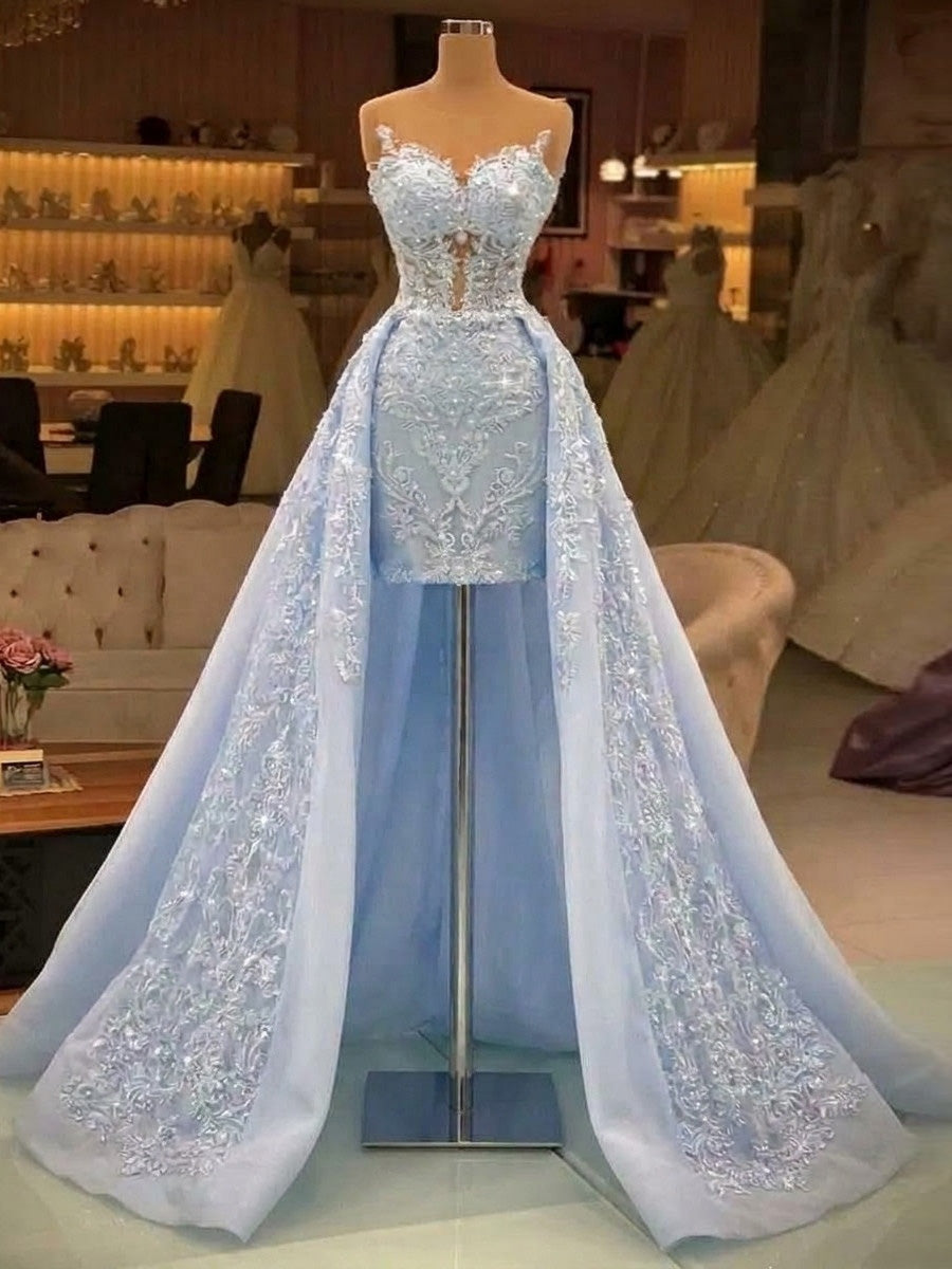 Sheath/Column Sweetheart Appliques Lace Sweep Train Tulle Homecoming Dresses