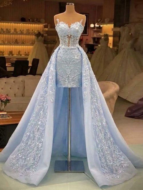 Sheath/Column Sweetheart Appliques Lace Sweep Train Tulle Homecoming Dresses