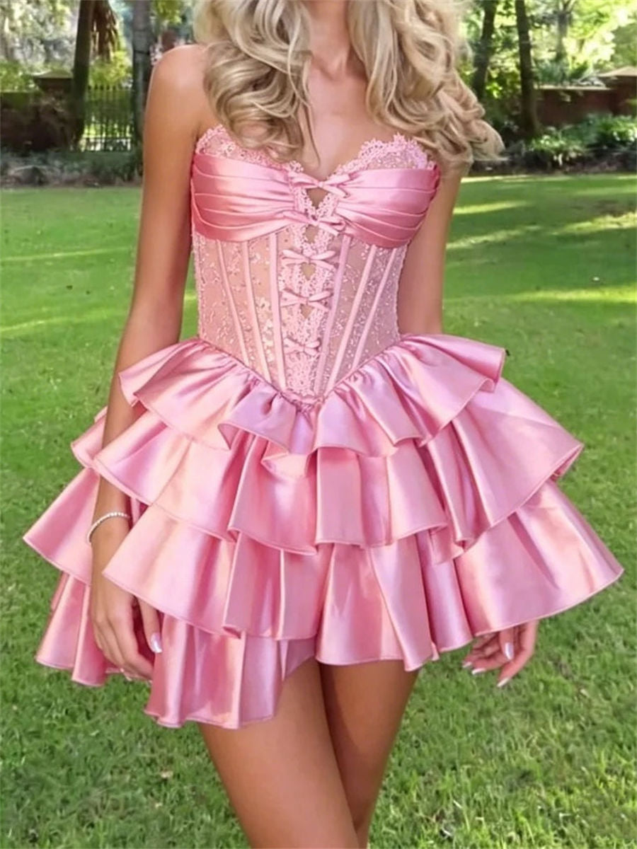 A-line/Princess Sweetheart Cascading Ruffles Short/Mini Silk Like Satin Homecoming Dresses