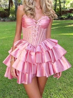 A-line/Princess Sweetheart Cascading Ruffles Short/Mini Silk Like Satin Homecoming Dresses