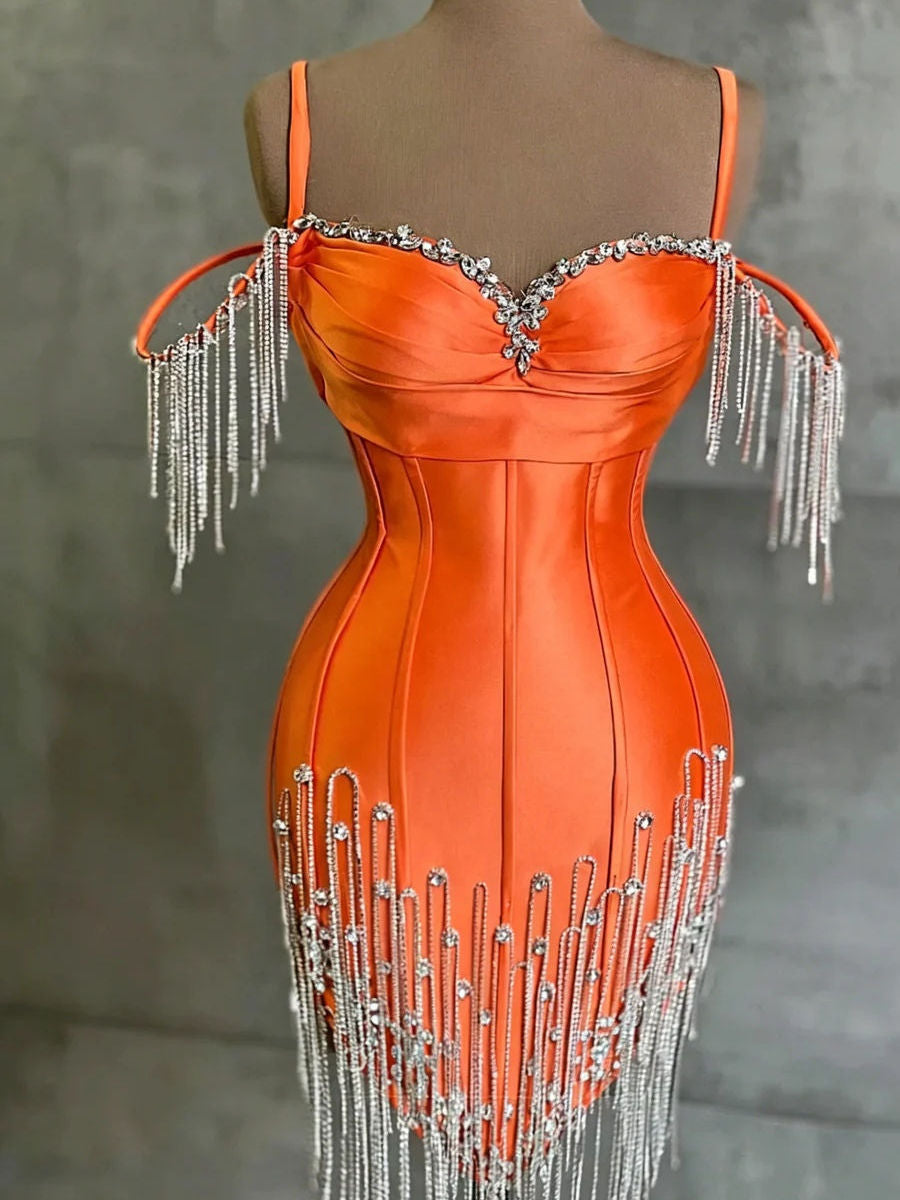 Sheath/Column Cold Shoulder Rhinestone Short/Mini Silk Like Satin Homecoming Dresses