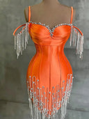 Sheath/Column Cold Shoulder Rhinestone Short/Mini Silk Like Satin Homecoming Dresses