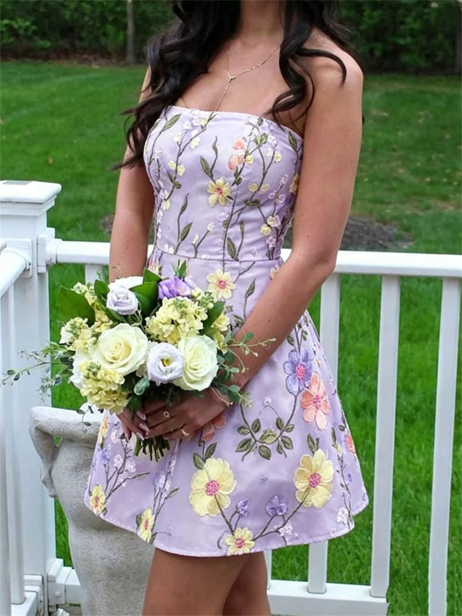 A-line/Princess Straight Embroidery Short/Mini Satin Homecoming Dresses