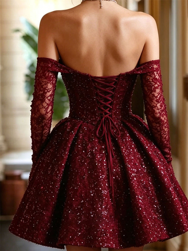 A-line/Princess Sweetheart Long Sleeves Sequin Short/Mini Homecoming Dresses
