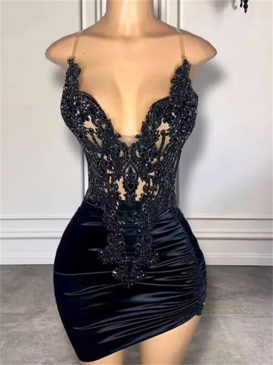 Sheath/Column Spaghetti Straps Appliques Lace Short/Mini Silk Like Satin Homecoming Dresses