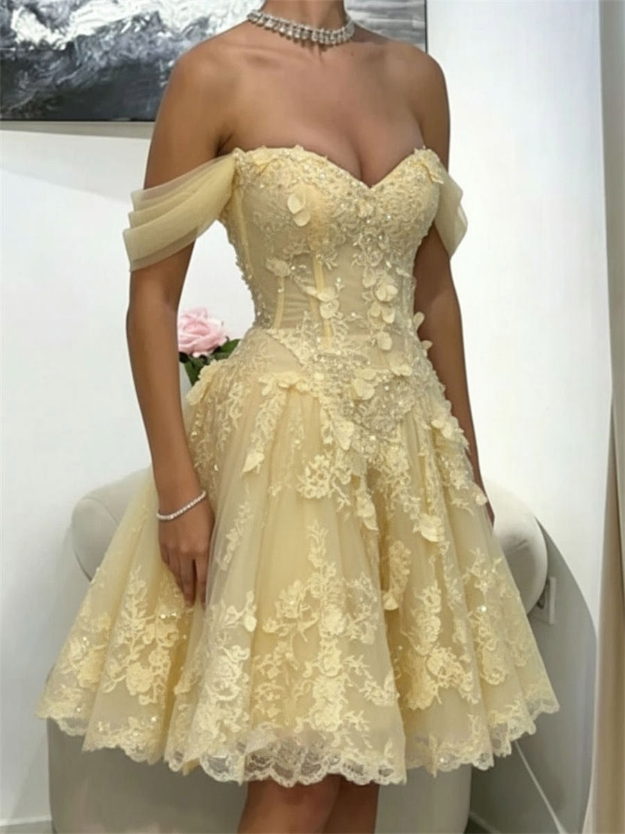 A-line/Princess Off-the-Shoulder Appliques Lace Knee-Length Tulle Homecoming Dresses