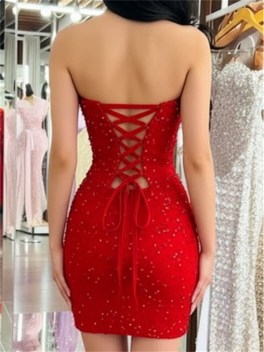 Sheath/Column Straight Rhinestone Short/Mini Tulle Homecoming Dresses